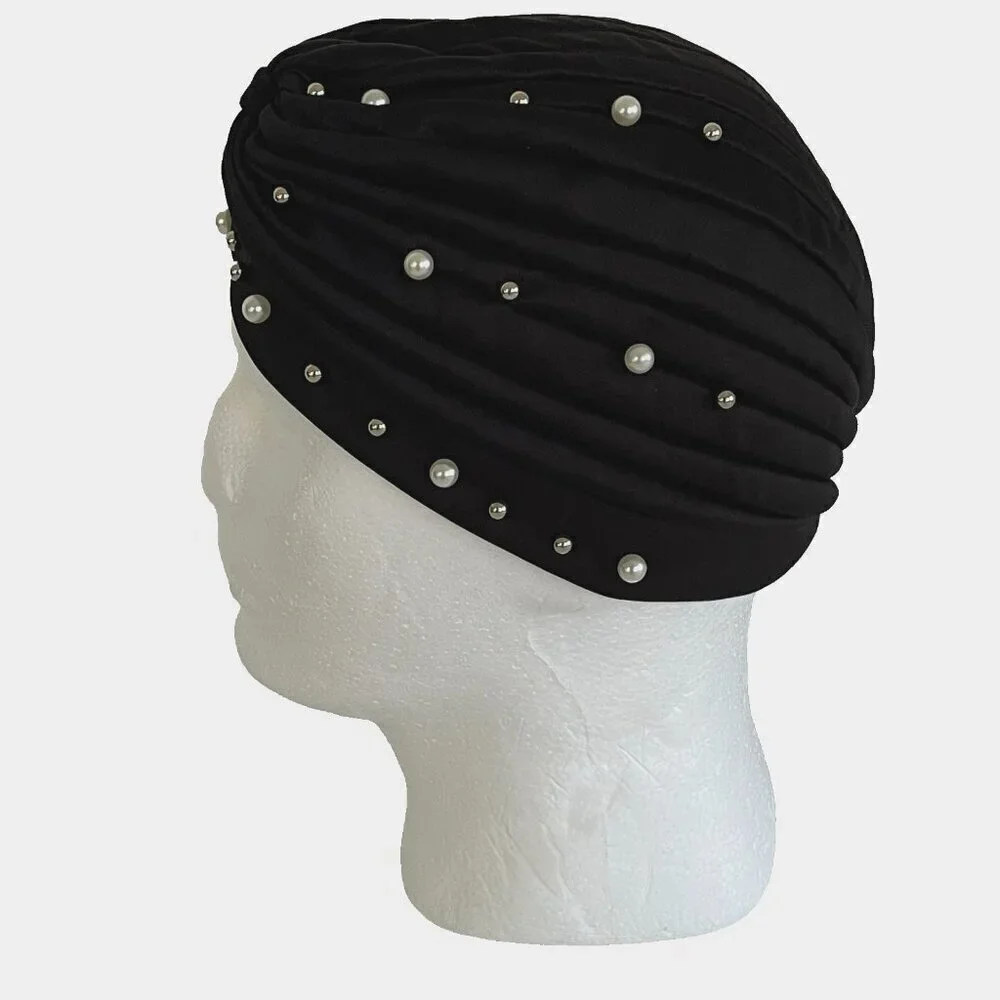 Turban Hat One Size Stretch Beaded Flapper 20's Costume Theater Church Black